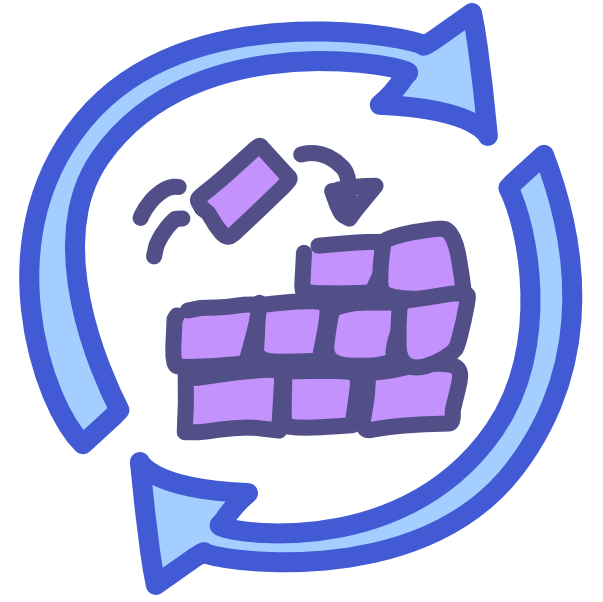 Two blue arrows form a circle around a purple wall made of rectangles. One rectangle sits diagonally above the wall with two motion lines behind it, and a curved arrow pointing from the rectangle to the wall. The image has dark line art. 